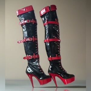 Gothic Black Red Knee High Platform Boots | Lace-Up Buckle Heels Size 8.5
